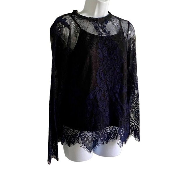 Adiva Blue Lace High Neck Long Sleeve Top with Built in Cami Womens Medium NEW - Picture 4 of 10